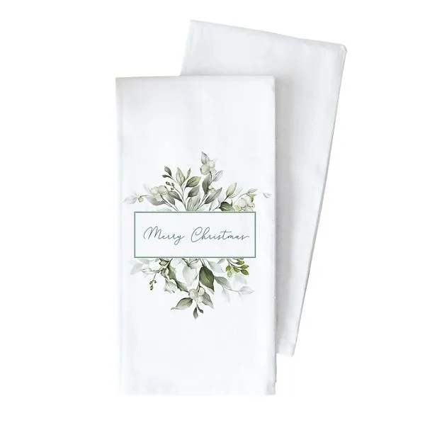White Cotton Merry Christmas Greenery Tea Towel J. Schrecker Jewelry Hopkinsville, KY