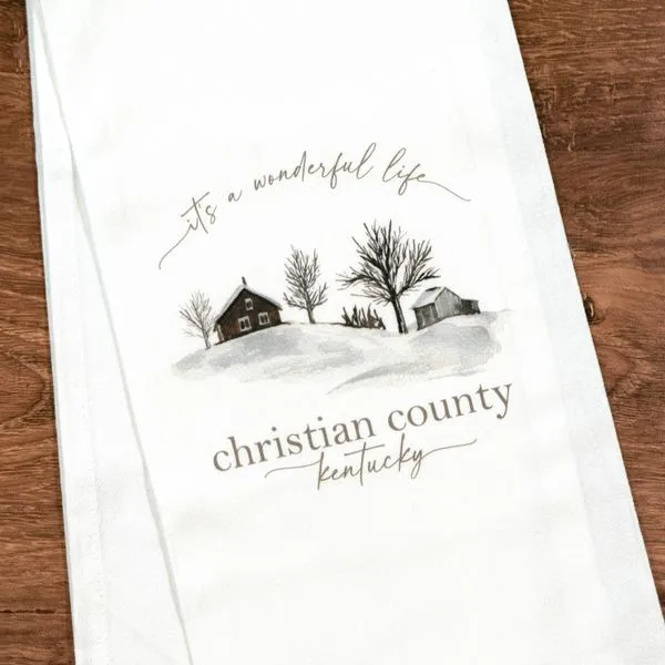 It's A Wonderful Life Christian County Kentucky Rural Scene White Cotton Tea Towel J. Schrecker Jewelry Hopkinsville, KY