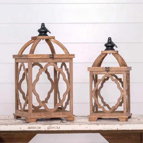 Set of Two Wood Lanterns with Cut-Out Detail and Black Finial Handles J. Schrecker Jewelry Hopkinsville, KY