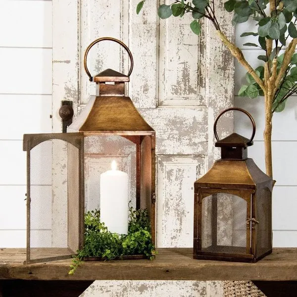 Set of Two Antique Copper Finished Metal Lanterns with Mesh Sides J. Schrecker Jewelry Hopkinsville, KY