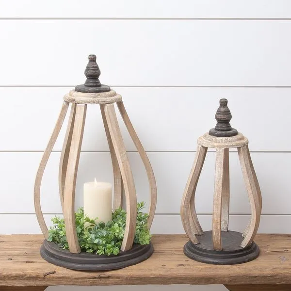 Set of Two Wood Round Wooden Lanterns in Espresso and Whitewashed Finish J. Schrecker Jewelry Hopkinsville, KY