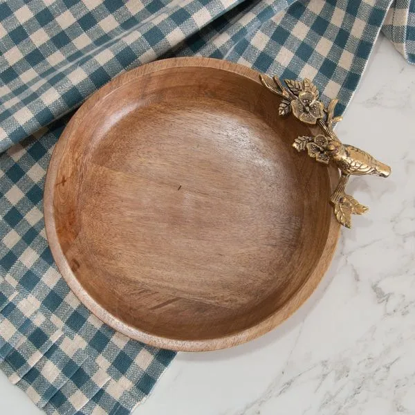 Round Mango Wood Bowl with Brass Bird and Flower J. Schrecker Jewelry Hopkinsville, KY