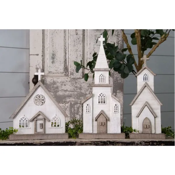Set of Three Wooden Church Figures  in Natural and Whitewashed Finishes J. Schrecker Jewelry Hopkinsville, KY