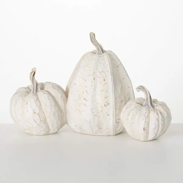 Figurine of Three Rustic Creamy White Pumpkins in a Whitewashed Carved Wood Finish Image 2 J. Schrecker Jewelry Hopkinsville, KY
