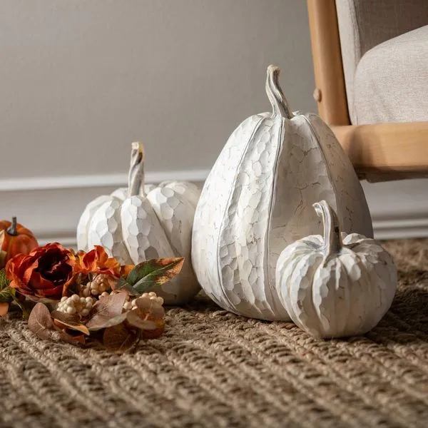 Figurine of Three Rustic Creamy White Pumpkins in a Whitewashed Carved Wood Finish J. Schrecker Jewelry Hopkinsville, KY
