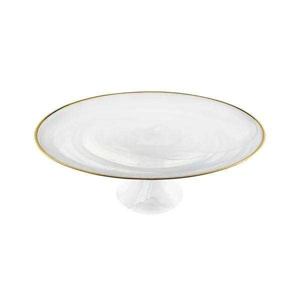 13 Inch White Alabaster Swirl Glass Cake Footed Stand with Hand Painted Gold Rim J. Schrecker Jewelry Hopkinsville, KY
