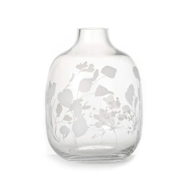 Large Etched Clear Glass Vase with Botanical Design J. Schrecker Jewelry Hopkinsville, KY