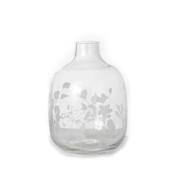 Small Etched Clear Glass Vase with Botanical Design J. Schrecker Jewelry Hopkinsville, KY