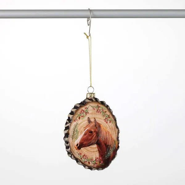 Glass Rustic Horse on Wood Grain with Evergreen and Berries Ornament Image 2 J. Schrecker Jewelry Hopkinsville, KY