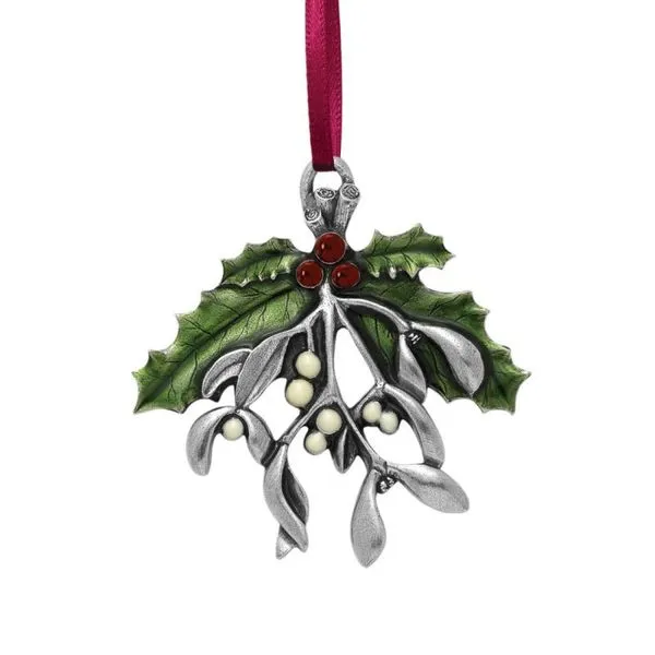 Pewter Mistletoe and Holly Ornament with Enamel J. Schrecker Jewelry Hopkinsville, KY