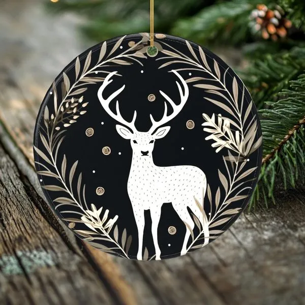 Snowy Stag on Black Porcelain Double Sided Ornament J. Schrecker Jewelry Hopkinsville, KY