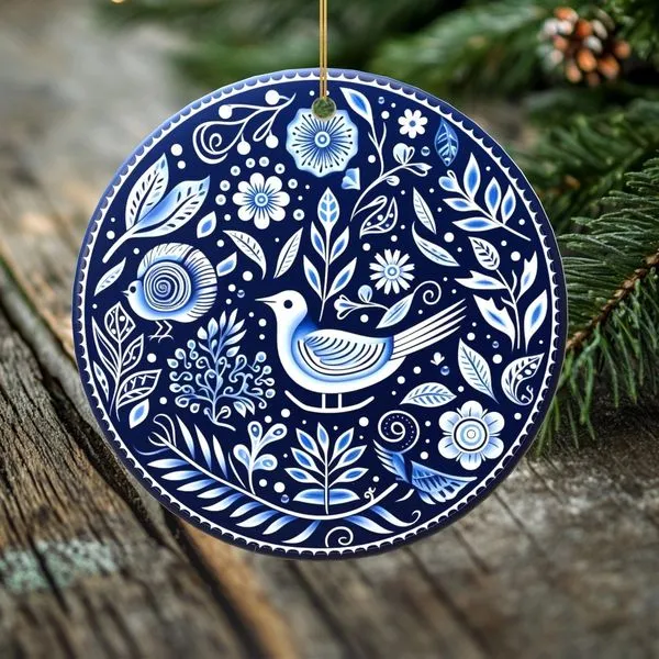 Blue and White Folk Art Bird Handcrafted Porcelain Ornament J. Schrecker Jewelry Hopkinsville, KY
