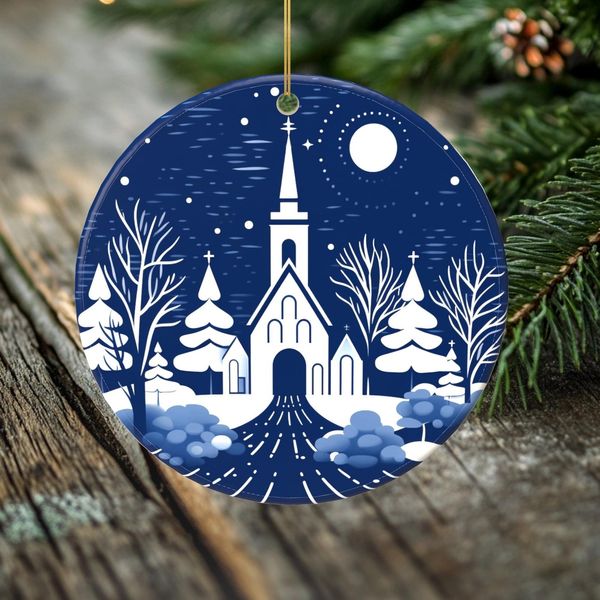 Blue and White Peaceful Winter Church Scene Ornament J. Schrecker Jewelry Hopkinsville, KY