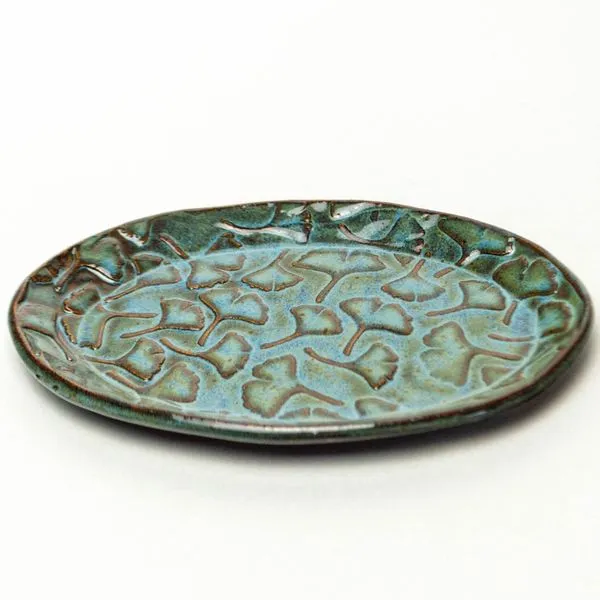 Blue Ginkgo Leaf Pattern Handmade Ceramic Oval Trinket Dish J. Schrecker Jewelry Hopkinsville, KY