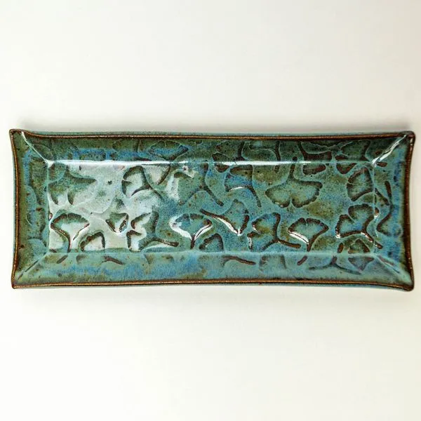 Blue Ginkgo Leaf Pattern Handmade Ceramic Rectangular Dish J. Schrecker Jewelry Hopkinsville, KY
