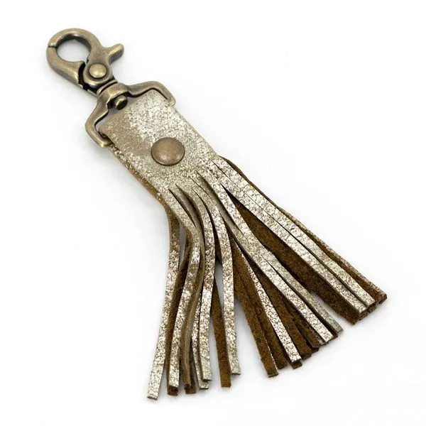 Camel & Gold Suede Genuine Leather Tassel Clip Key Ring in Antique Brass Finish J. Schrecker Jewelry Hopkinsville, KY