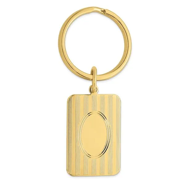 Gold Plated Rectangular Key Ring with Engraved Pinstripe and Oval Detail J. Schrecker Jewelry Hopkinsville, KY