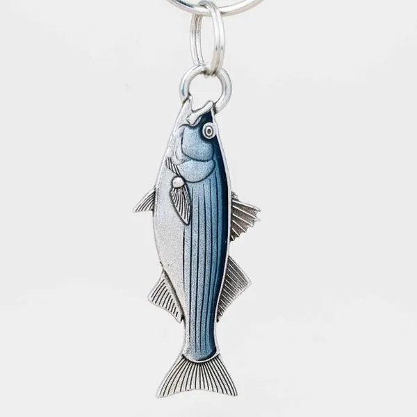 Danforth Pewter Striped Bass Key Ring with Blue Enamel J. Schrecker Jewelry Hopkinsville, KY