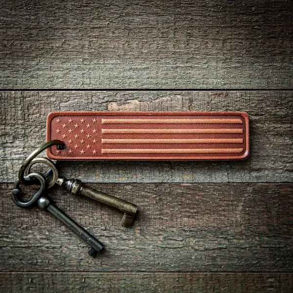 USA Flag Long Hand Stamped Leather Key Ring J. Schrecker Jewelry Hopkinsville, KY