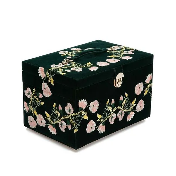WOLF Zoe Large Jewelry Box in Forest Green Velvet with Embroidered Floral Design Image 3 J. Schrecker Jewelry Hopkinsville, KY