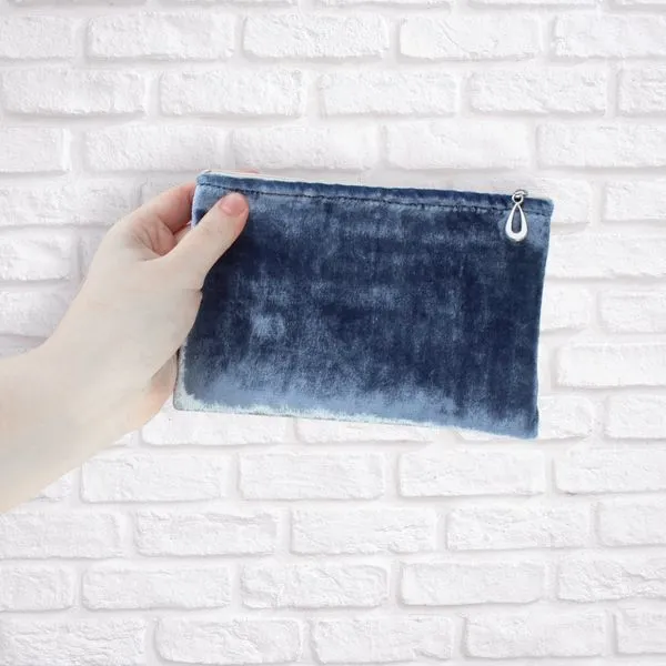 Evie Cornflower Blue Silk Velvet Zipper Pouch 5 by 7 Inches J. Schrecker Jewelry Hopkinsville, KY