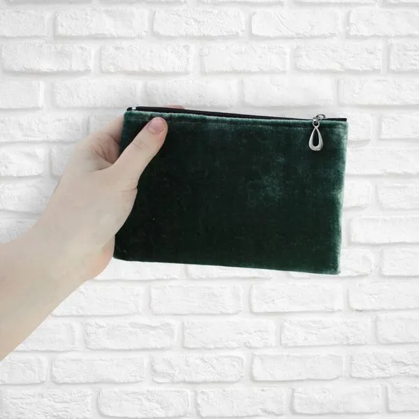 Evie Fern Green Silk Velvet Zipper Pouch 5 by 7 Inches J. Schrecker Jewelry Hopkinsville, KY