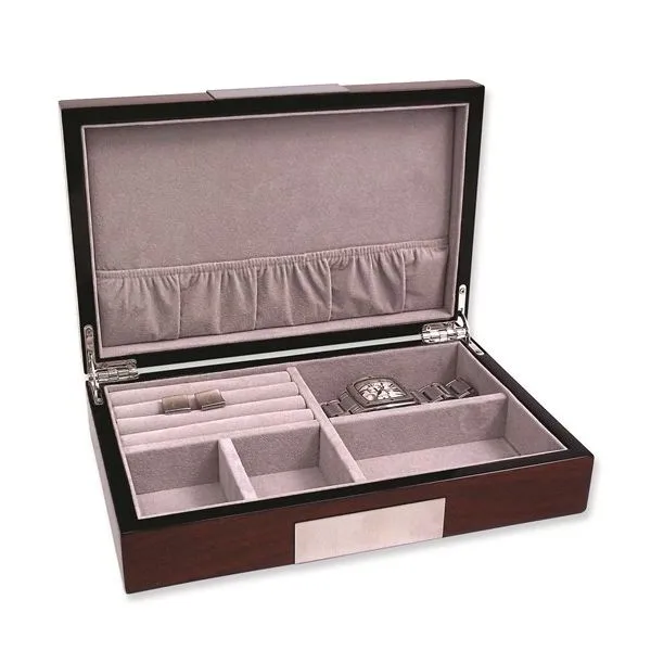 Gloss Lacquer Walnut Finish Wood Box with Brushed Stainless Steel Accents Image 2 J. Schrecker Jewelry Hopkinsville, KY