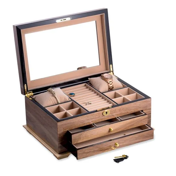 Walnut Locking Jewelry Box with Beige Interior Image 2 J. Schrecker Jewelry Hopkinsville, KY