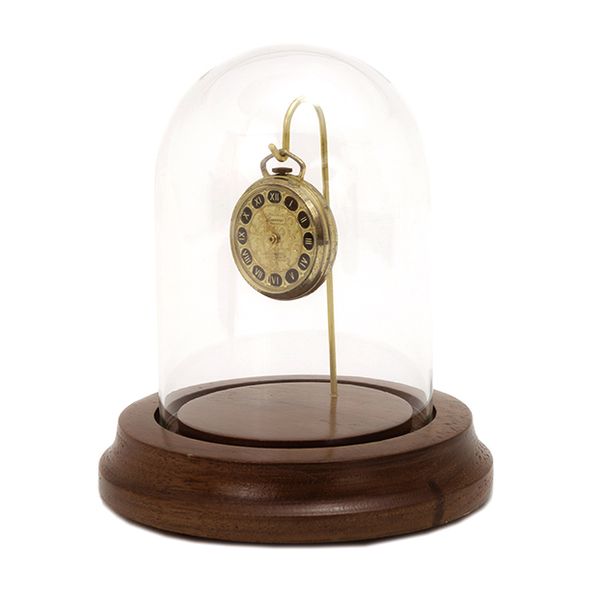 Glass Watch Dome with Brass Wire Hook and Mahogany Finished Base J. Schrecker Jewelry Hopkinsville, KY