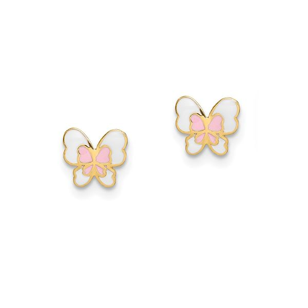 Yellow Gold Butterfly Earrings with Pink & White Enamel J. Schrecker Jewelry Hopkinsville, KY