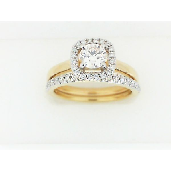 14 Karat Yellow Gold Halo Engagement and Wedding Band Set J. Thomas Jewelers Rochester Hills, MI