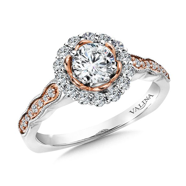 Valina 14 Karat White and Rose Gold Halo Engagement Ring J. Thomas Jewelers Rochester Hills, MI