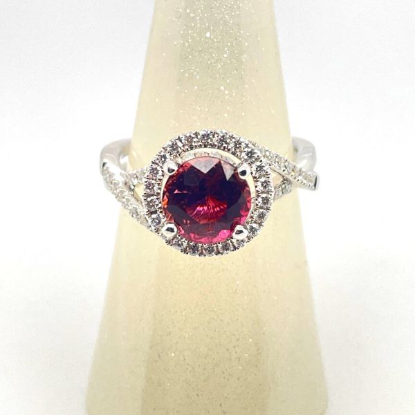 Halo Diamond And Red Tourmaline Ring J. Thomas Jewelers Rochester Hills, MI
