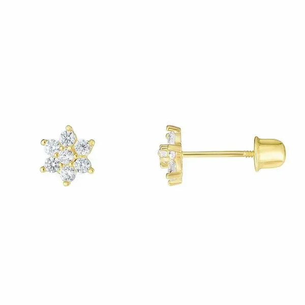 14 Karat Yellow Gold Flower Baby Earrings with Safety Backs J. Thomas Jewelers Rochester Hills, MI