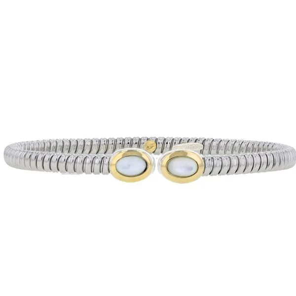 Piyaro Stainless Steel Flex Bangle With 18K Yellow Gold Accents And 2 Mother of Pearl Center Sections J. Thomas Jewelers Rochester Hills, MI