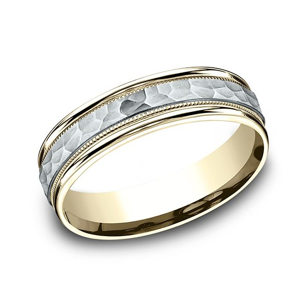6MM Carved  Band with White Gold Hammered Center abd Yellow Gold Milgrain Edge. J. Thomas Jewelers Rochester Hills, MI