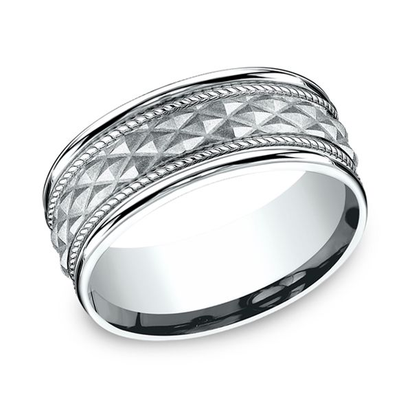 14 Karat White Gold Triangle Pattern With Carved Rope Pattern, 8 MM J. Thomas Jewelers Rochester Hills, MI