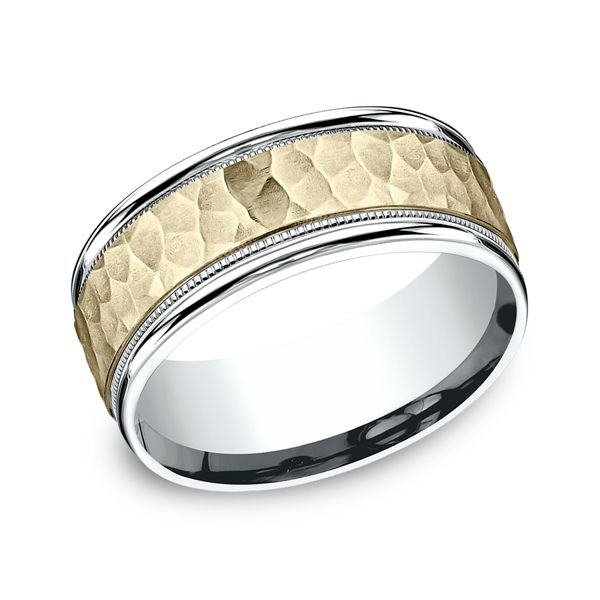 8MM Carved Design Band with Yellow Gold Hammered-Finish Center and White Gold Milgrain J. Thomas Jewelers Rochester Hills, MI