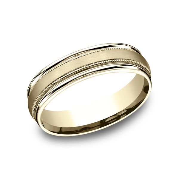 6mm comfort-fit carved design wedding band with milgrain edge. J. Thomas Jewelers Rochester Hills, MI