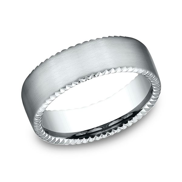 7.5mm comfort-fit band features an elegant rivet coin edging J. Thomas Jewelers Rochester Hills, MI