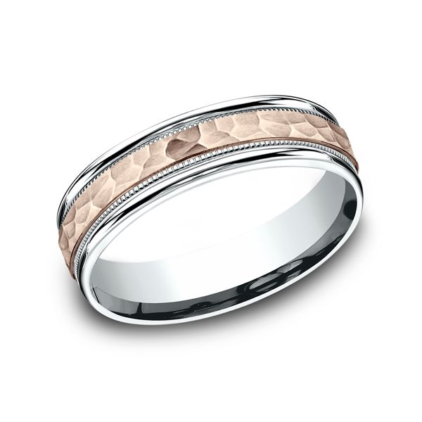 14 Karat Two-Tone 6 MM Comfort-Fit Band With Rose Gold Hammer Finish Center J. Thomas Jewelers Rochester Hills, MI