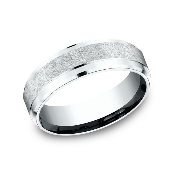 14 Karat White Gold Comfort Fit Wedding Band With Brushed Center And Polished Step Edges, 7 MM J. Thomas Jewelers Rochester Hills, MI
