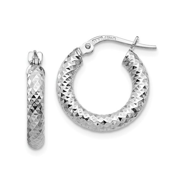 14K  White Gold Diamond Cut Round Hoop Earrings J. Thomas Jewelers Rochester Hills, MI