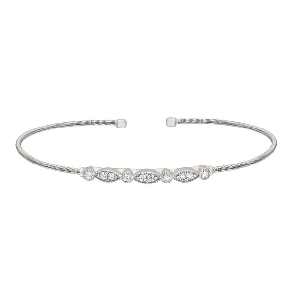 Sterling Silver Cable Cuff Bracelet with Simulated Diamond Marquis & Round J. Thomas Jewelers Rochester Hills, MI