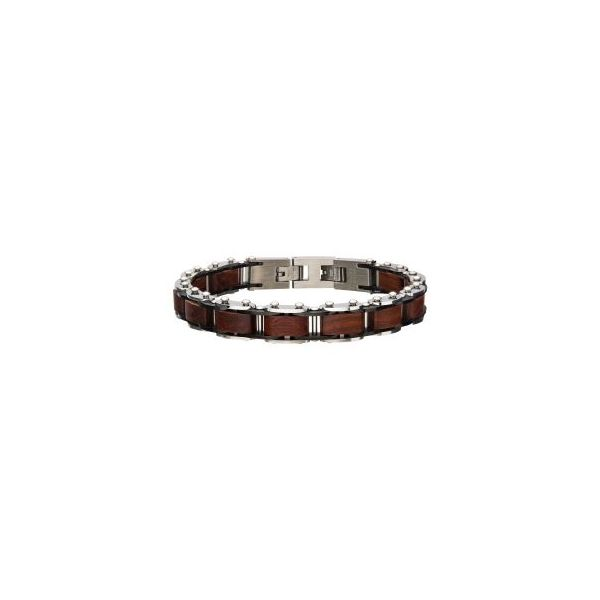 Stainless Steel with Red Sandal Wood Link Bracelet J. Thomas Jewelers Rochester Hills, MI