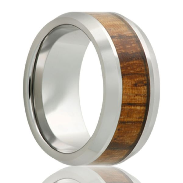 Beveled Edge Tungsten Band, All High Polish With A 4Mm Burl Wood Inlay J. Thomas Jewelers Rochester Hills, MI