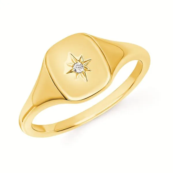 14K Yellow Gold Lady's Signet Ring with One Round Diamond, 0.02 carats. JWR Jewelers Athens, GA