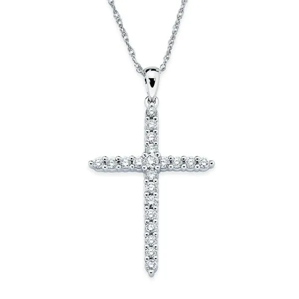 14K White Gold Eighteen Inch Diamond Cross Necklace with Fifteen Round Diamonds having a Total Weight of 0.25 carats. JWR Jewelers Athens, GA