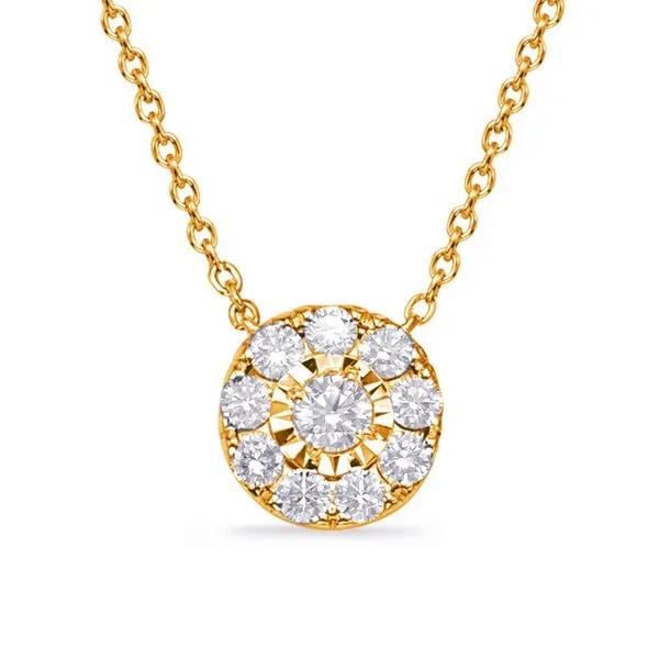 14K Yellow Gold Eighteen Inch Necklace with a Round Diamond Cluster Pendant containing Ten Round Diamonds, 0.35 carats. JWR Jewelers Athens, GA