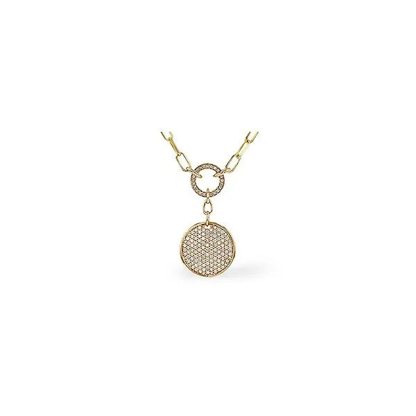 14K Yellow Gold Eighteen Inch Link Necklace with a Diamond Circle and Dangling Diamond Disc. JWR Jewelers Athens, GA